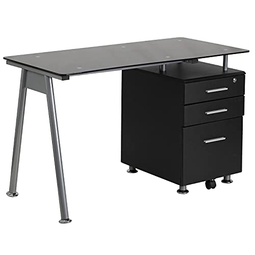 Flash Möbel Computer-Schreibtisch mit DREI Schubladen, Metall, Glas, Schwarz Top/Silber Rahmen, 128.27 X 67.31 14 x 14 cm