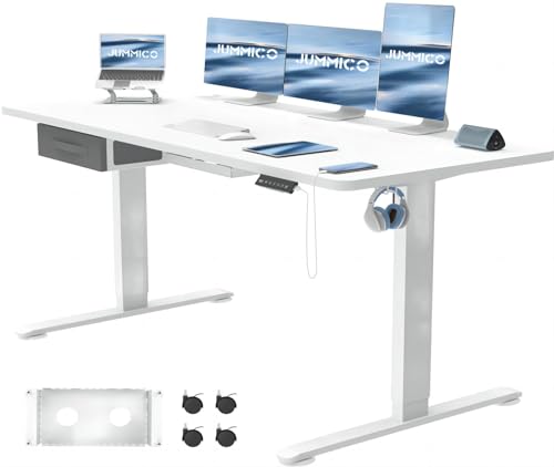 JUMMICO Höhenverstellbarer Schreibtisch 160x70 cm mit Schubladen, Schreibtisch Höhenverstellbar Elektrisch mit USB-Buchse und Kabelwanne,Steh-Sitztisch Stehpult mit Rollen (Weiß)
