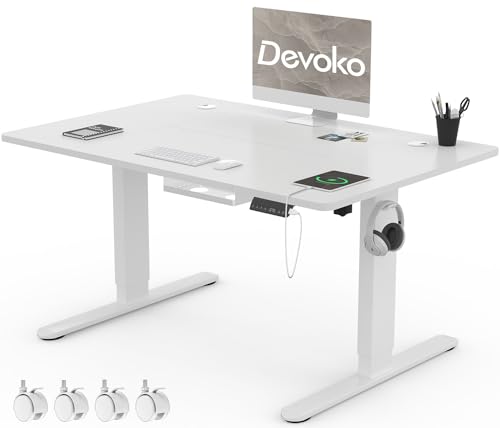 Devoko Höhenverstellbar Schreibtisch 120x80cm mit USB A&C-Ladeanschluss, Mobiler Computertisch mit Kabel Management Tray und 3-Funktions-Memory, Weiß mit Rollen