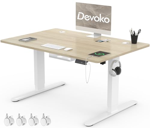 Devoko 120x80cm Schreibtisch Höhenverstellbar Elektrisch mit USB A&C-Ladeanschluss, Mobiler Computertisch mit Kabel Management Tray und 3-Funktions-Memory, Eiche mit Rollen