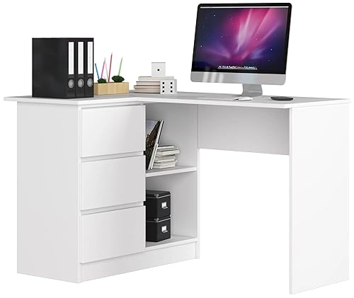 AKORD Eck-Schreibtisch B-16 mit 3 Schubladen und 2 Ablagen | Schreibtisch | ecktisch | Eck Schreibtisch für Home Office | Einfache Montage | B124 x H77 x T85, 48 kg Weiß