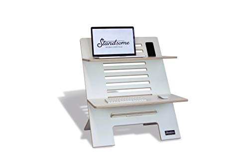 Standsome Double White – Höhenverstellbarer Schreibtischaufsatz Zwei Ebenen, ergonomisches Stehpult, nachhaltiger Sitz Steh Arbeitsplatz aus Holz weiß