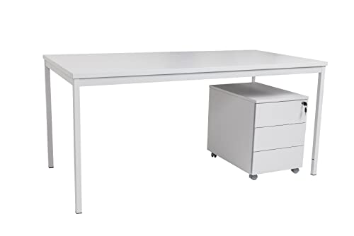 Furni24 Schreibtisch und Metall Rollcontainer, rechteckiger Schreibtisch mit Metalluntergestell Höhenausgleichsniveausch rauben, Schreibtisch fürs Heim und Büro, Computertisch, grau 180x80x75 cm