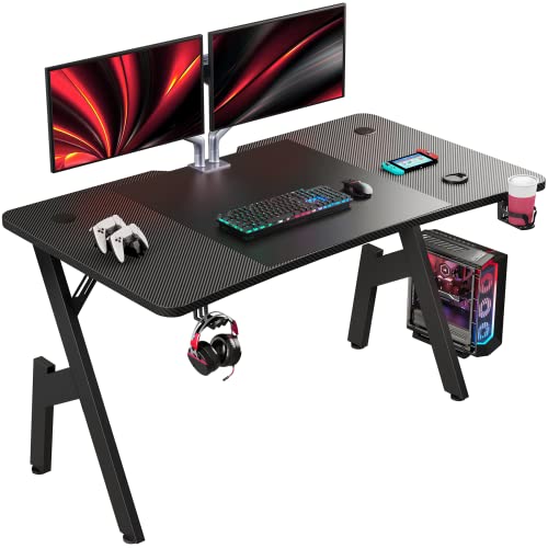 HLONONE Gaming Schreibtisch 120 x 60cm, Gaming Tisch, Stabiler PC Schreibtisch mit Kohlefaserbeschichtung, Ergonomischer Computertisch mit Kopfhörerhaken und Getränkehalter, Schwarz