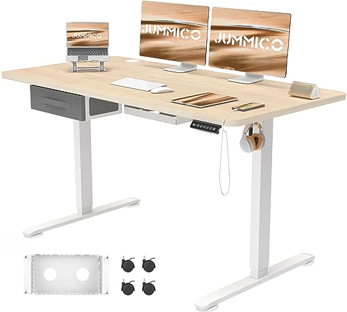 JUMMICO Höhenverstellbarer Schreibtisch 140x70 cm mit Schubladen, Schreibtisch Höhenverstellbar Elektrisch mit USB-Buchse und Kabelwanne,Steh-Sitztisch Stehpult mit Rollen (Beige)