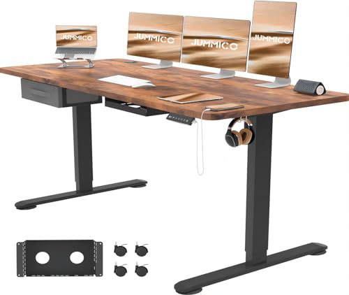JUMMICO Höhenverstellbarer 160x70 cm mit Schubladen, Höhenverstellbar Elektrisch mit USB Buchse Kabelwanne,Steh Sitztisch Stehpult mit Rollen (Vintagebraun)