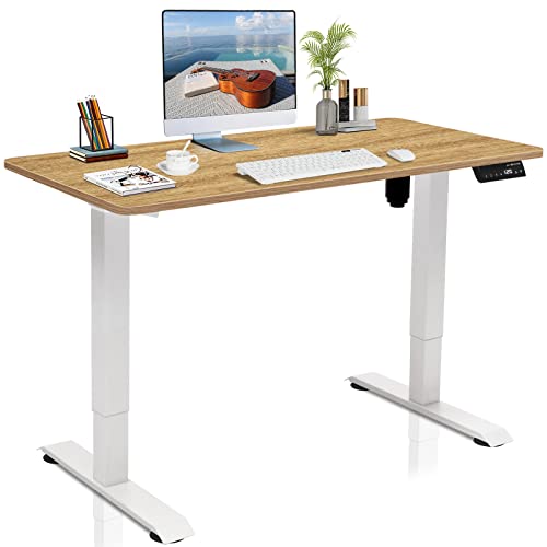 DCHOUSE Schreibtisch Höhenverstellbar Elektrisch - Ergonomischer Steh-Sitz Tisch, 4 Memory-Einstellung, mit Tischplatte & Höhenverstellbarer Schreibtisch Gestell(Weiß + Ahorn, 140 x 60 cm)