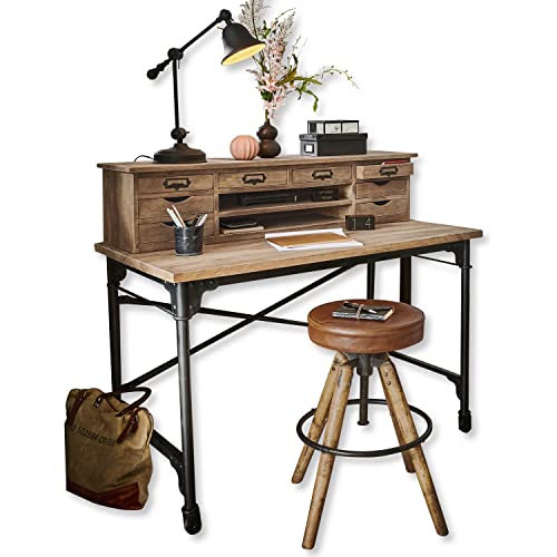 Loberon Leognan, Industrial Design, Antikem Sekretär, Zahlreiche Schubladen, Schöne Holzmaserung, Bürotisch, Eisen, Mangoholz, braun/schwarz