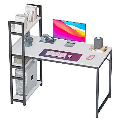 CubiCubi Schreibtisch, 120 x 60cm Groß Computertisch mit Regal rechts oder Links, Pc Gaming Tisch, Bürotisch fürs Büro Wohnzimmer, Stabil Stahlgestell schreibtische, Weiß